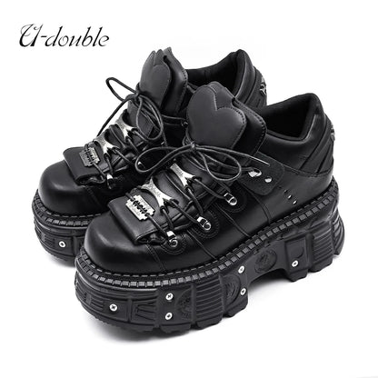 Punk Style Ankle Boots - Womens Lace-up Platform Sneakers with Metal Decor - ZOOMNSTORE