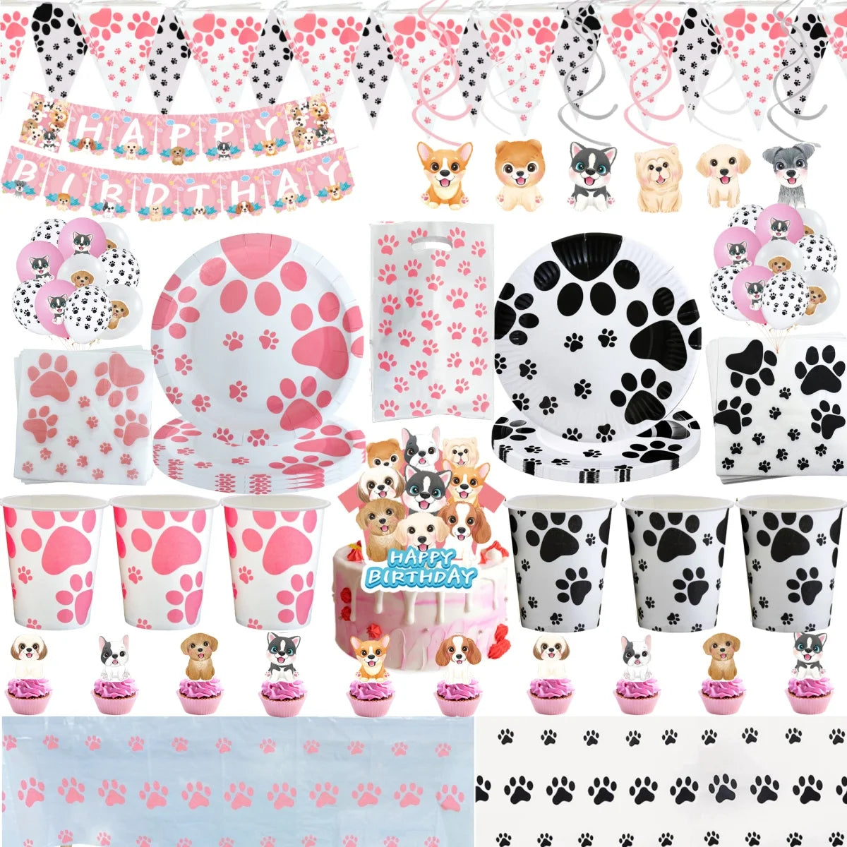 Pink Puppy Paw Birthday Party Supplies - Disposable Tableware  Decorations - ZOOMNSTORE