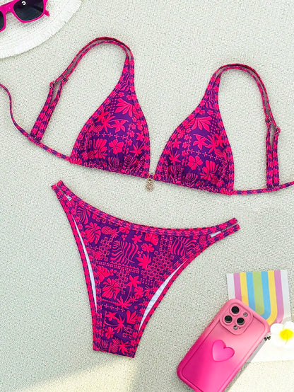 Purple Red Bikini Set - Women's Polka Dot Two Piece Swimsuit With Neck Hanging Top - ZOOMNSTORE