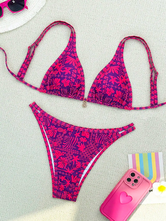Purple Red Bikini Set - Women's Polka Dot Two Piece Swimsuit With Neck Hanging Top - ZOOMNSTORE