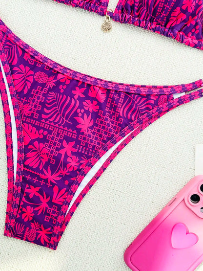 Purple Red Bikini Set - Women's Polka Dot Two Piece Swimsuit With Neck Hanging Top - ZOOMNSTORE