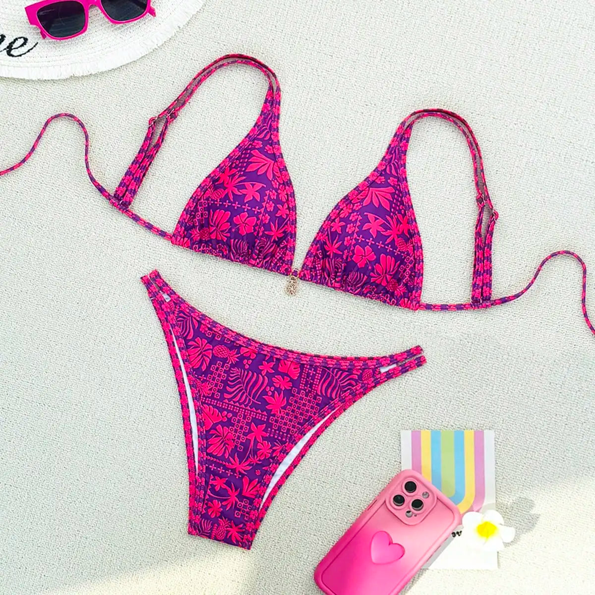 Purple Red Bikini Set - Women's Polka Dot Two Piece Swimsuit With Neck Hanging Top - ZOOMNSTORE