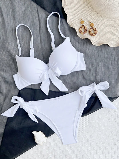 Push-Up Bow Knot Bikini Set - Solid Two-Piece Swimsuit - ZOOMNSTORE