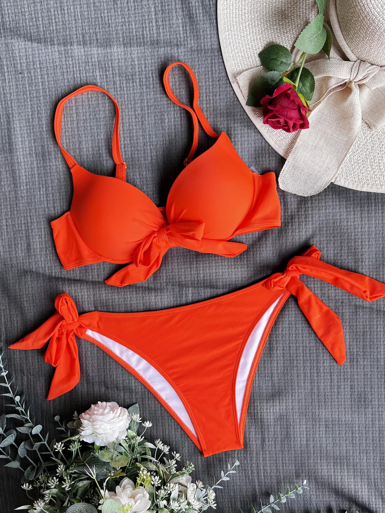 Push-Up Bow Knot Bikini Set - Solid Two-Piece Swimsuit - ZOOMNSTORE