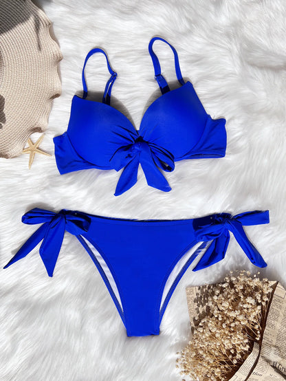Push-Up Bow Knot Bikini Set - Solid Two-Piece Swimsuit - ZOOMNSTORE
