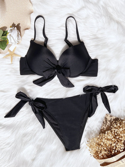 Push-Up Bow Knot Bikini Set - Solid Two-Piece Swimsuit - ZOOMNSTORE