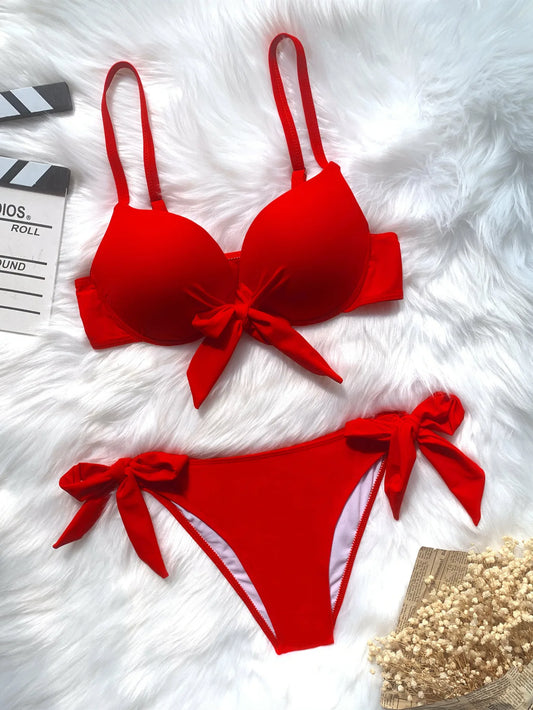 Push-Up Bow Knot Bikini Set - Solid Two-Piece Swimsuit - ZOOMNSTORE