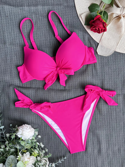 Push-Up Bow Knot Bikini Set - Solid Two-Piece Swimsuit - ZOOMNSTORE