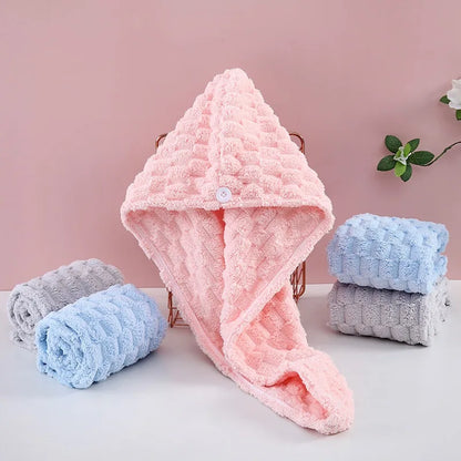1Pcs Microfiber Quick-dry Hair Towel Cap with Button Super Absorption Bath Hat Fast Drying Hair Drying Wrap Hat Towel for Women - ZOOMNSTORE