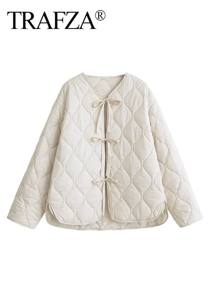 Quilted Jacket Women - Cropped Coat With Bow Lace-Up, Long Sleeve Casual Outerwear - ZOOMNSTORE