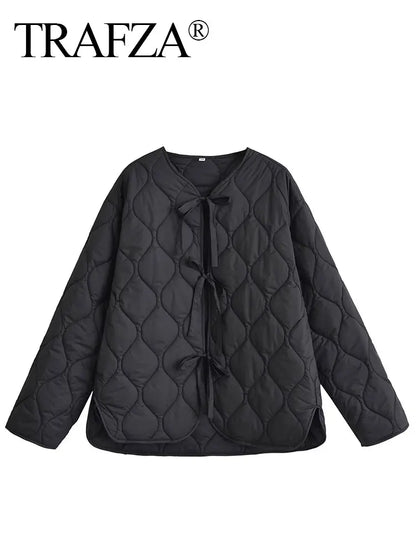 Quilted Jacket Women - Cropped Coat With Bow Lace-Up, Long Sleeve Casual Outerwear - ZOOMNSTORE