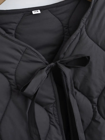 Quilted Jacket Women - Cropped Coat With Bow Lace-Up, Long Sleeve Casual Outerwear - ZOOMNSTORE