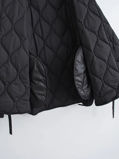 Quilted Jacket Women - Cropped Coat With Bow Lace-Up, Long Sleeve Casual Outerwear - ZOOMNSTORE