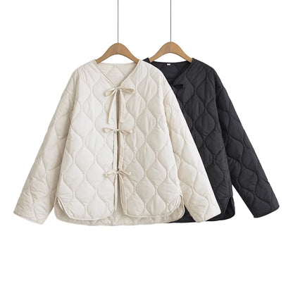 Quilted Jacket Women - Cropped Coat With Bow Lace-Up, Long Sleeve Casual Outerwear - ZOOMNSTORE