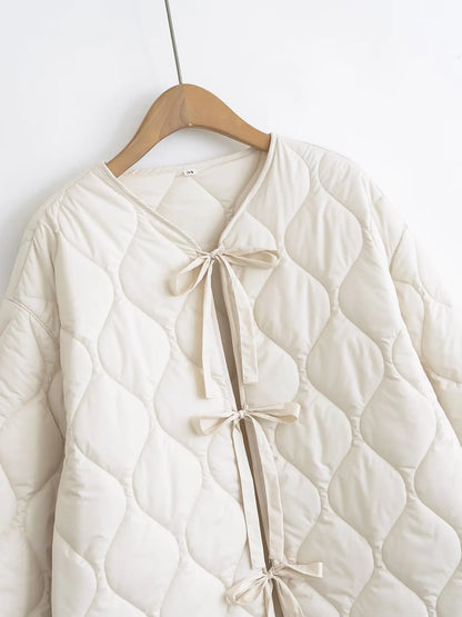 Quilted Jacket Women - Cropped Coat With Bow Lace-Up, Long Sleeve Casual Outerwear - ZOOMNSTORE