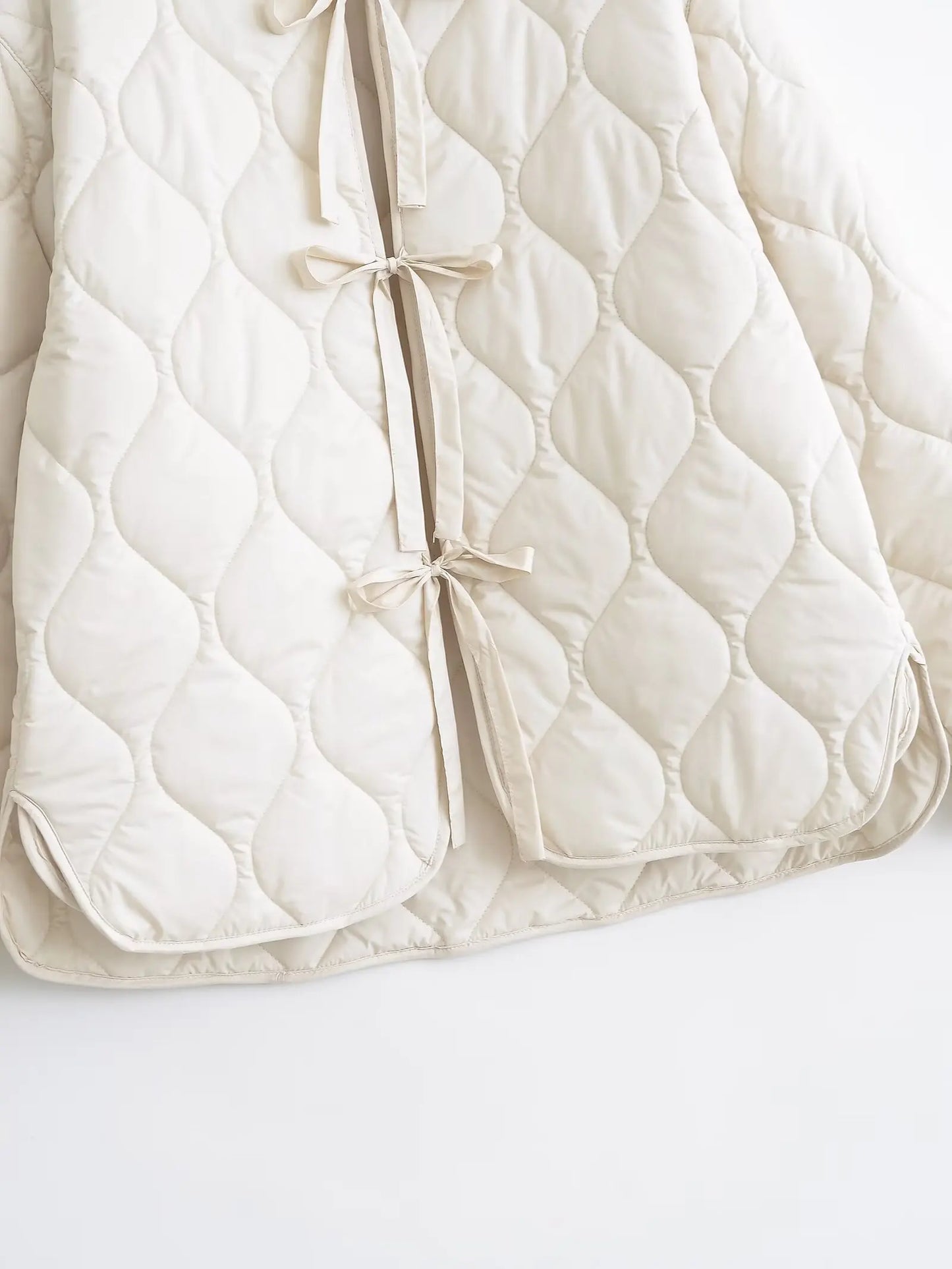Quilted Jacket Women - Cropped Coat With Bow Lace-Up, Long Sleeve Casual Outerwear - ZOOMNSTORE