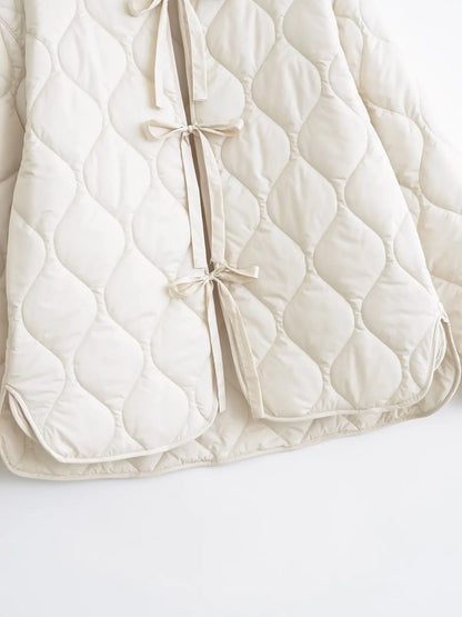 Quilted Jacket Women - Cropped Coat With Bow Lace-Up, Long Sleeve Casual Outerwear - ZOOMNSTORE