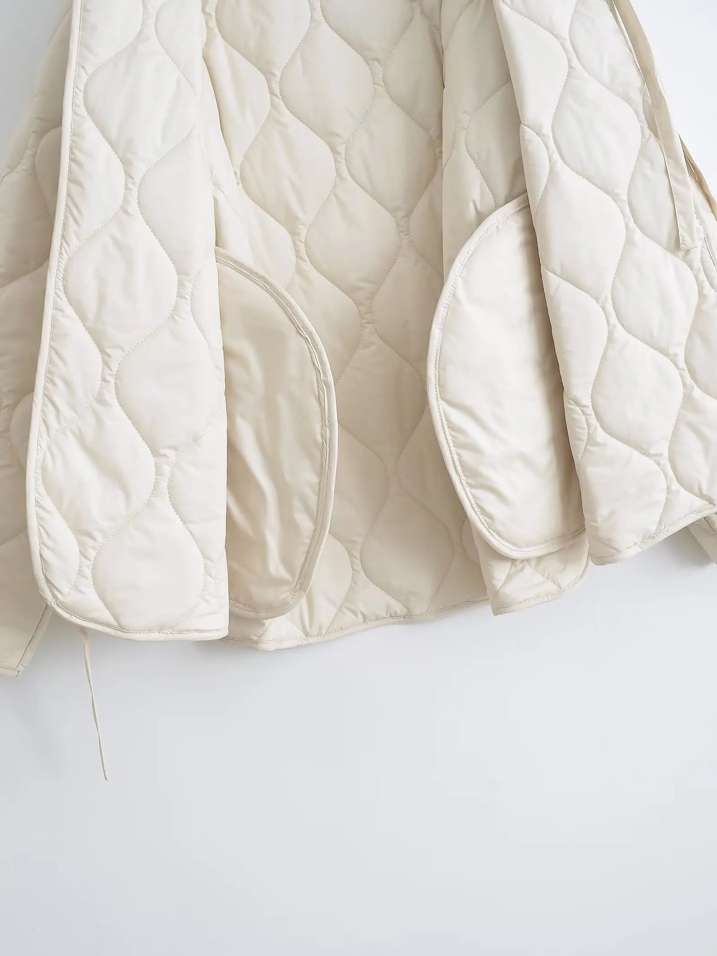 Quilted Jacket Women - Cropped Coat With Bow Lace-Up, Long Sleeve Casual Outerwear - ZOOMNSTORE