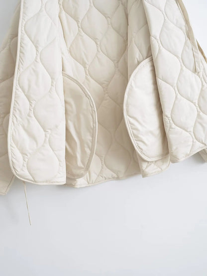 Quilted Jacket Women - Cropped Coat With Bow Lace-Up, Long Sleeve Casual Outerwear - ZOOMNSTORE