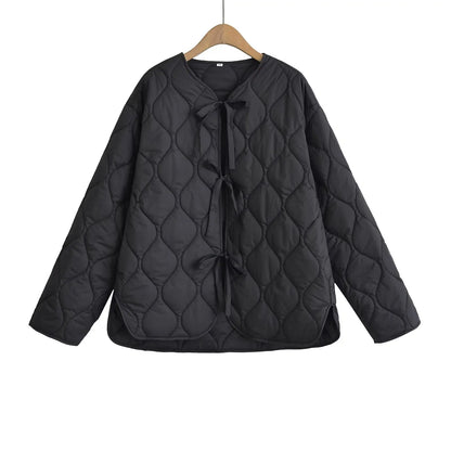Quilted Jacket Women - Cropped Coat With Bow Lace-Up, Long Sleeve Casual Outerwear - ZOOMNSTORE