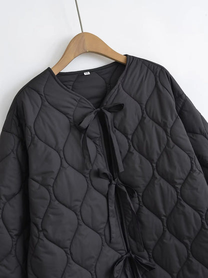 Quilted Jacket Women - Cropped Coat With Bow Lace-Up, Long Sleeve Casual Outerwear - ZOOMNSTORE
