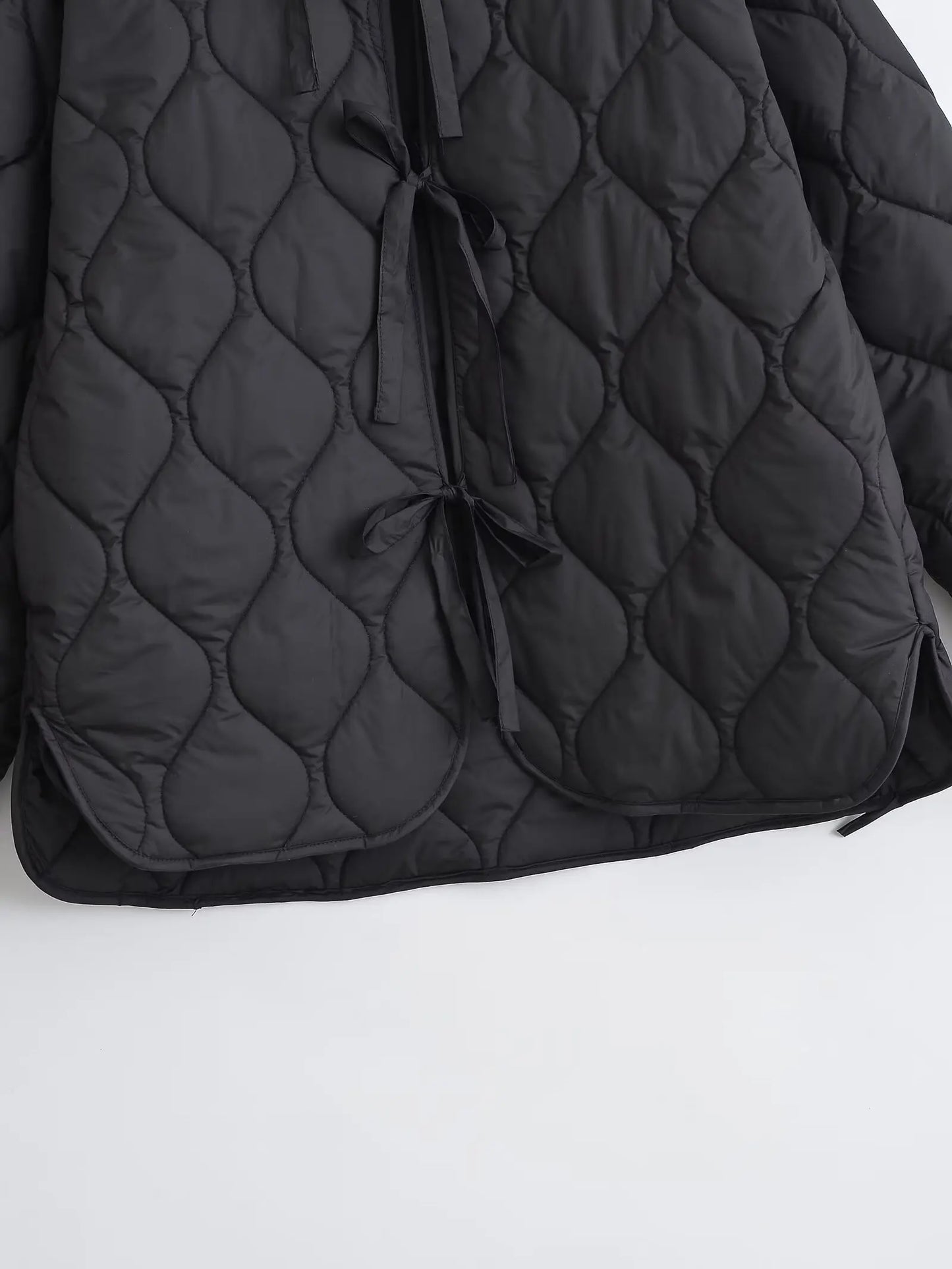 Quilted Jacket Women - Cropped Coat With Bow Lace-Up, Long Sleeve Casual Outerwear - ZOOMNSTORE