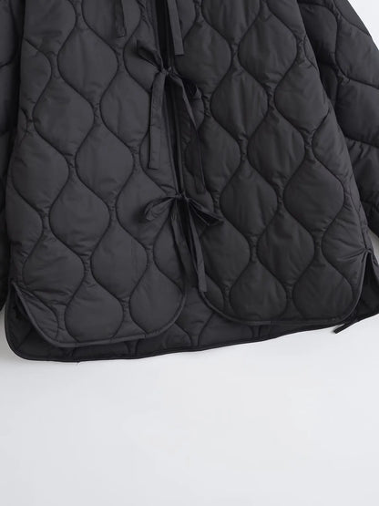 Quilted Jacket Women - Cropped Coat With Bow Lace-Up, Long Sleeve Casual Outerwear - ZOOMNSTORE