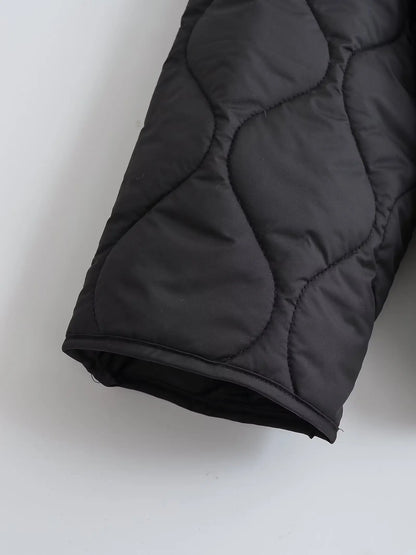 Quilted Jacket Women - Cropped Coat With Bow Lace-Up, Long Sleeve Casual Outerwear - ZOOMNSTORE