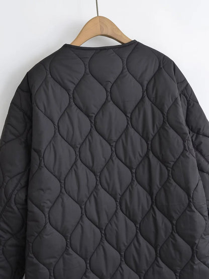 Quilted Jacket Women - Cropped Coat With Bow Lace-Up, Long Sleeve Casual Outerwear - ZOOMNSTORE