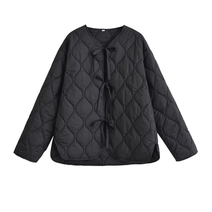 Quilted Jacket Women - Cropped Coat With Bow Lace-Up, Long Sleeve Casual Outerwear - ZOOMNSTORE