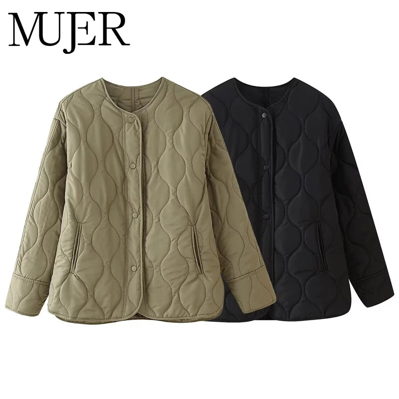 Black Quilted Winter Jacket - Womens Padded Long Sleeve Coat - ZOOMNSTORE
