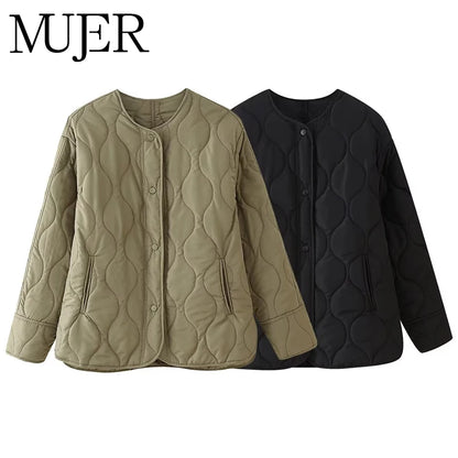 Black Quilted Winter Jacket - Womens Padded Long Sleeve Coat - ZOOMNSTORE