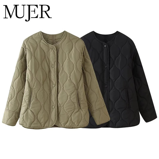 Black Quilted Winter Jacket - Womens Padded Long Sleeve Coat - ZOOMNSTORE