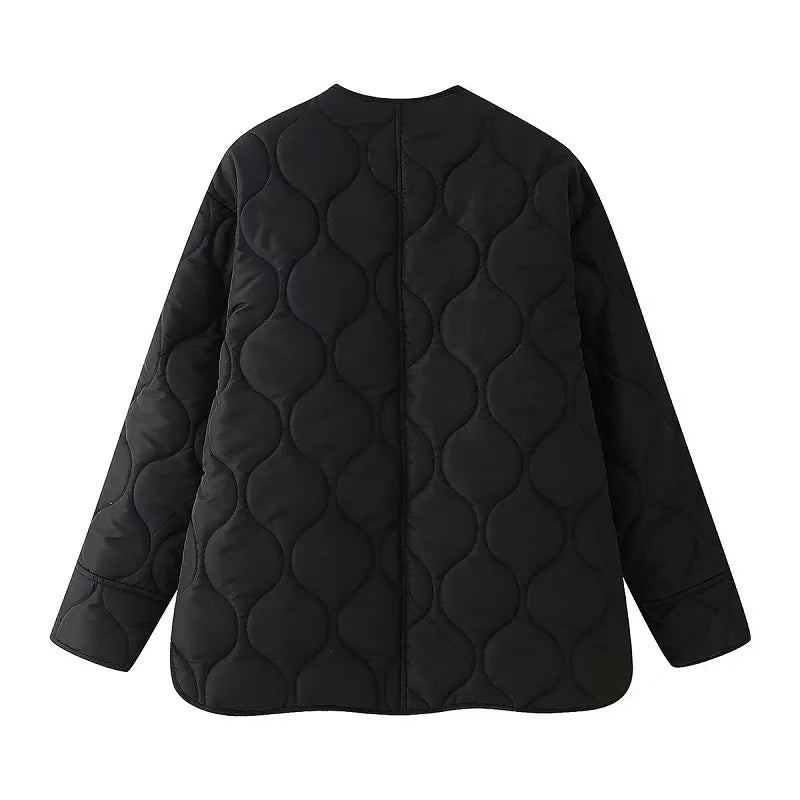 Black Quilted Winter Jacket - Womens Padded Long Sleeve Coat - ZOOMNSTORE