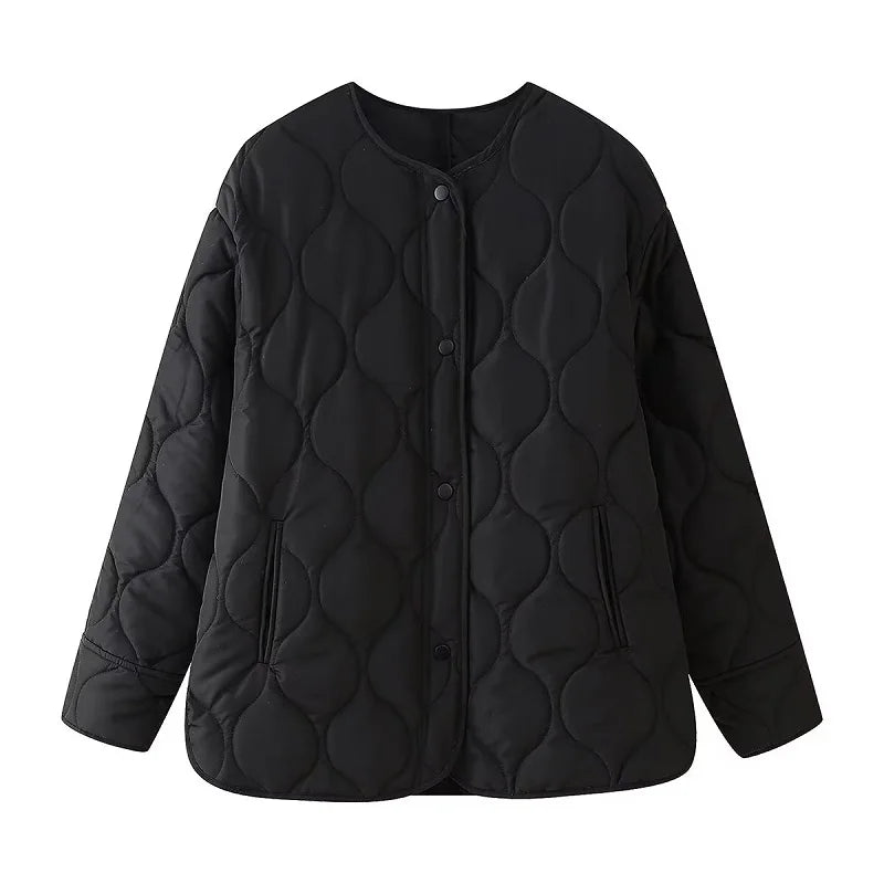 Black Quilted Winter Jacket - Womens Padded Long Sleeve Coat - ZOOMNSTORE