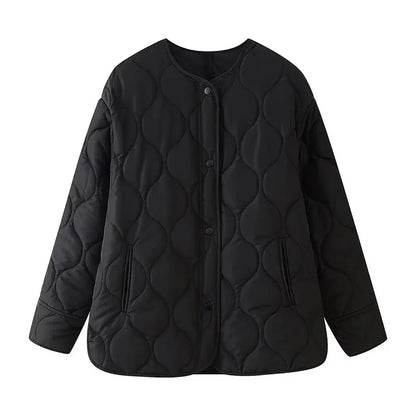 Black Quilted Winter Jacket - Womens Padded Long Sleeve Coat - ZOOMNSTORE