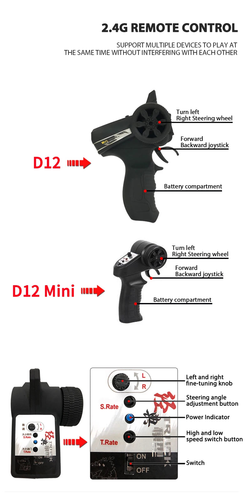 WPL D12 RC Car - 110 Drift  Climb Truck with LED Lights for Kids - ZOOMNSTORE