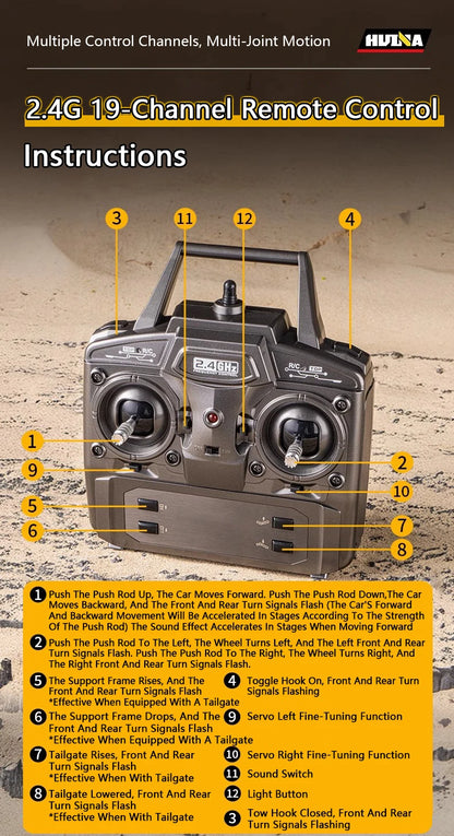 HUINA 1501 770S RC Tractor Truck - 118 Scale Alloy Engineering Vehicle with Lights and Sounds - ZOOMNSTORE