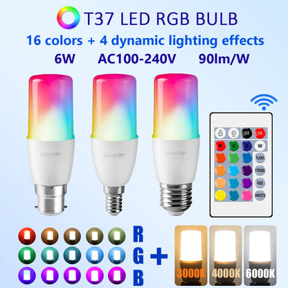 RGB LED Bulb - 2PCS E14/E27/B22 T37 Multicolor Dimmable Light with Remote Control - ZOOMNSTORE