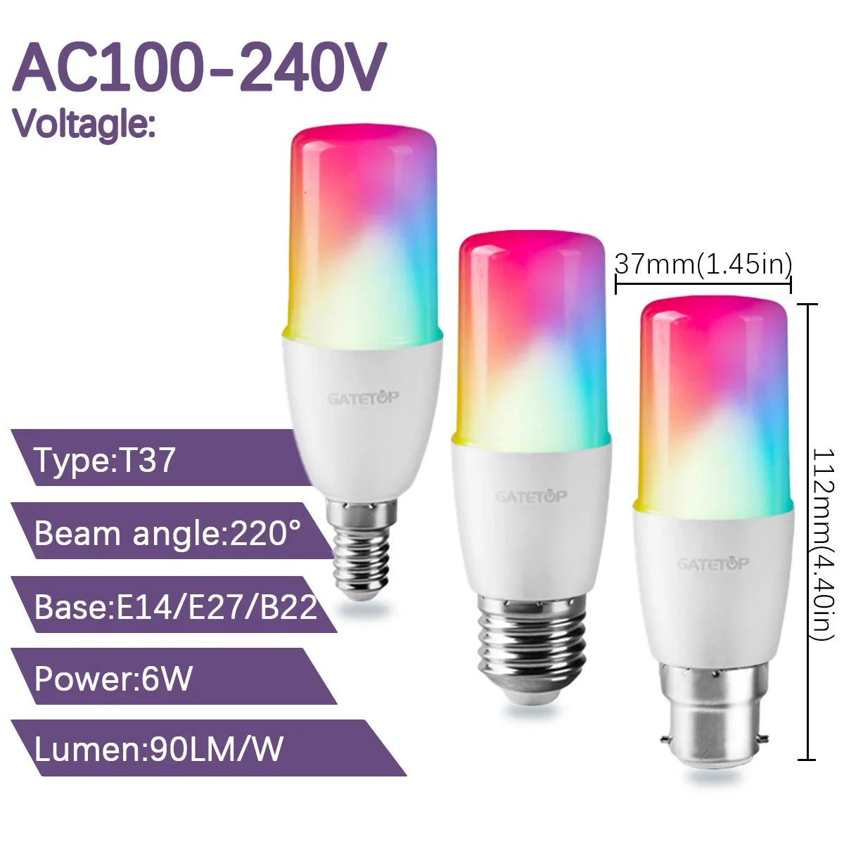 RGB LED Bulb - 2PCS E14/E27/B22 T37 Multicolor Dimmable Light with Remote Control - ZOOMNSTORE
