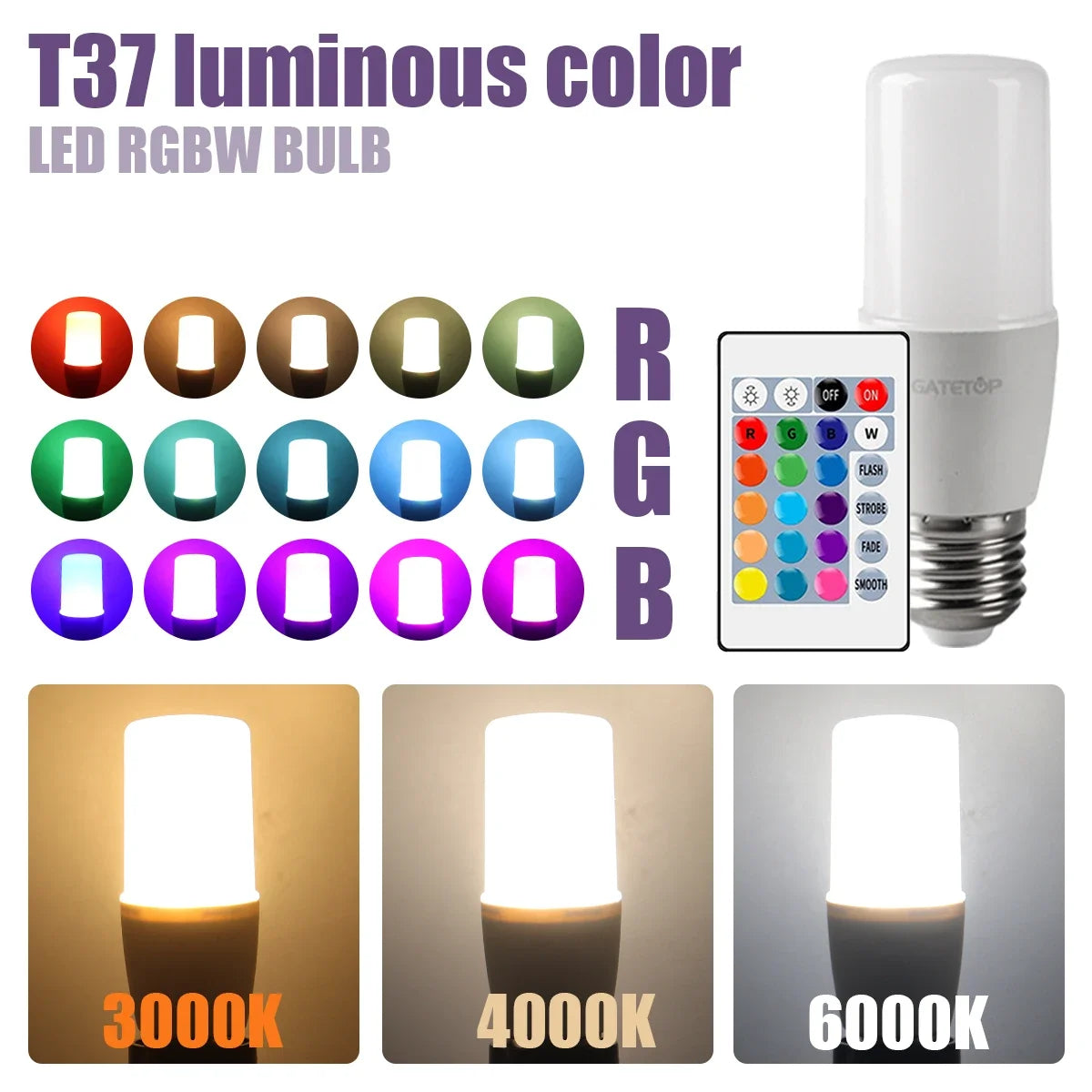 RGB LED Bulb - 2PCS E14/E27/B22 T37 Multicolor Dimmable Light with Remote Control - ZOOMNSTORE