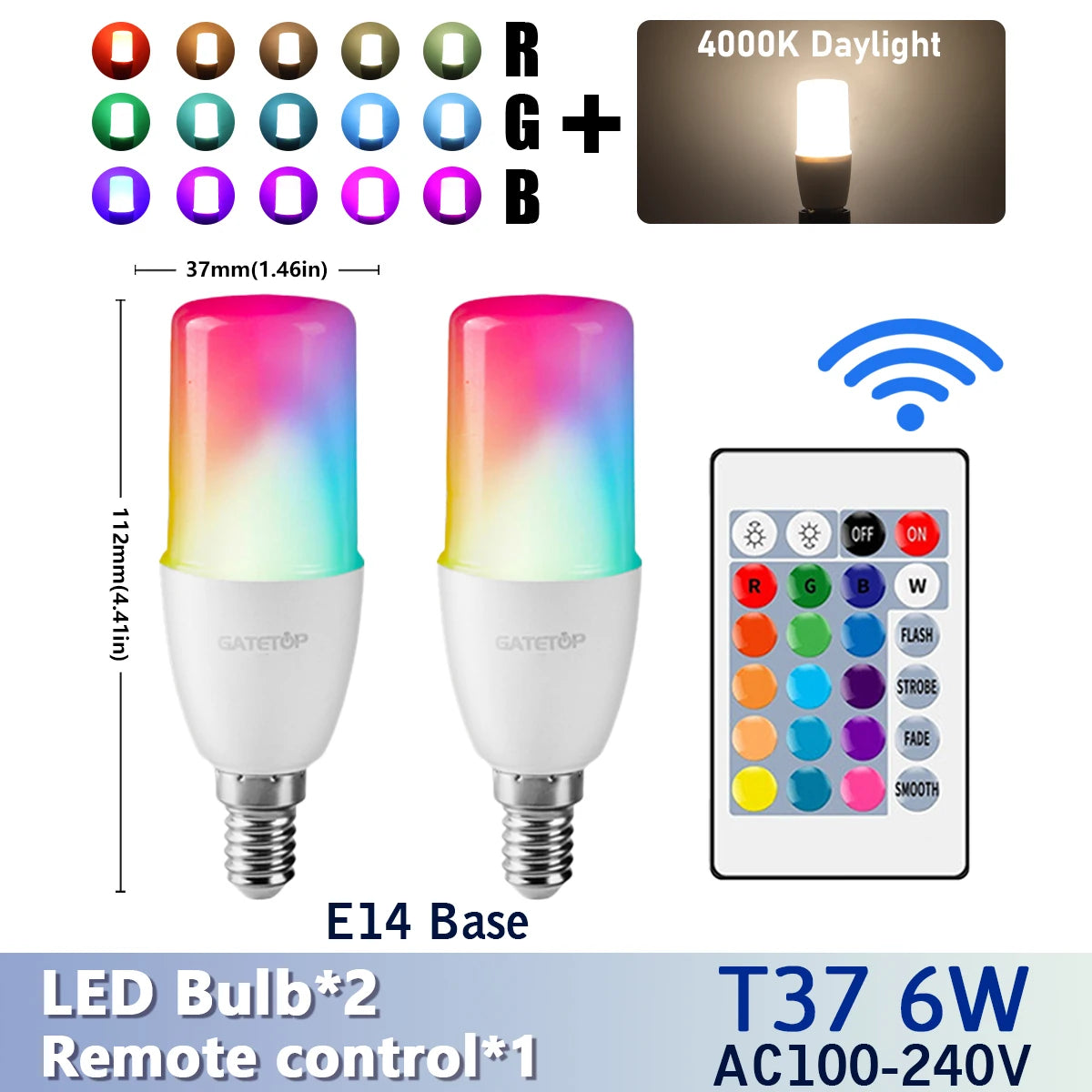 RGB LED Bulb - 2PCS E14/E27/B22 T37 Multicolor Dimmable Light with Remote Control - ZOOMNSTORE
