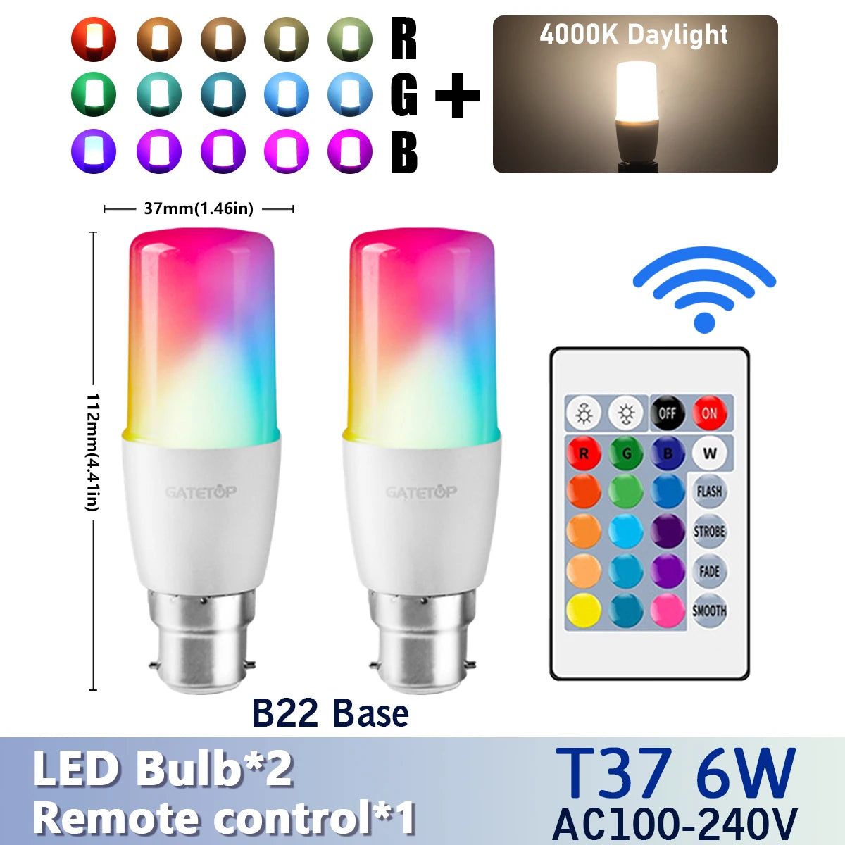 RGB LED Bulb - 2PCS E14/E27/B22 T37 Multicolor Dimmable Light with Remote Control - ZOOMNSTORE
