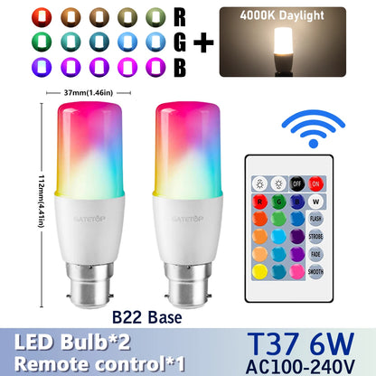 RGB LED Bulb - 2PCS E14/E27/B22 T37 Multicolor Dimmable Light with Remote Control - ZOOMNSTORE