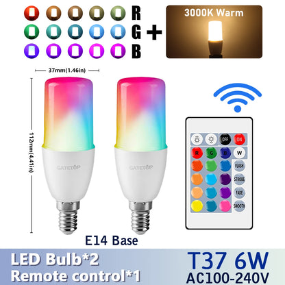 RGB LED Bulb - 2PCS E14/E27/B22 T37 Multicolor Dimmable Light with Remote Control - ZOOMNSTORE