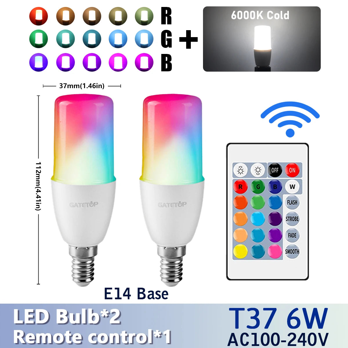 RGB LED Bulb - 2PCS E14/E27/B22 T37 Multicolor Dimmable Light with Remote Control - ZOOMNSTORE