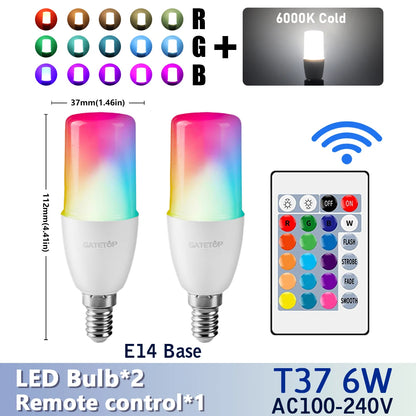 RGB LED Bulb - 2PCS E14/E27/B22 T37 Multicolor Dimmable Light with Remote Control - ZOOMNSTORE