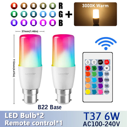 RGB LED Bulb - 2PCS E14/E27/B22 T37 Multicolor Dimmable Light with Remote Control - ZOOMNSTORE