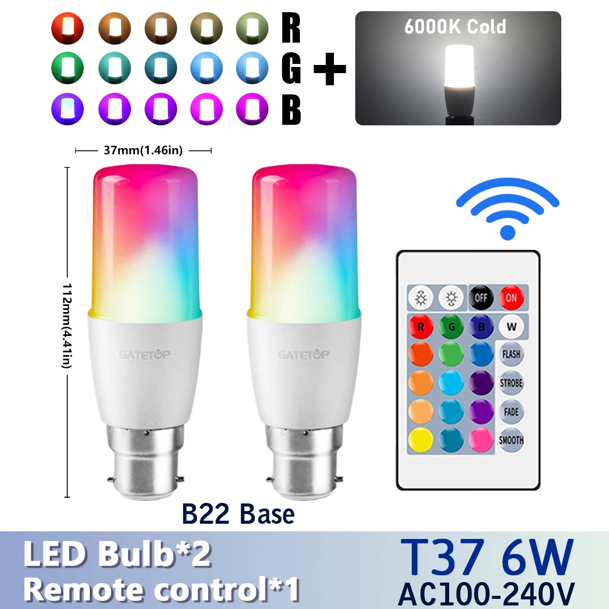 RGB LED Bulb - 2PCS E14/E27/B22 T37 Multicolor Dimmable Light with Remote Control - ZOOMNSTORE