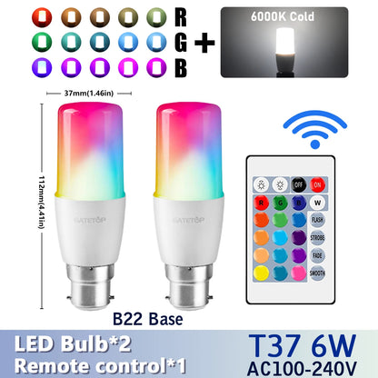 RGB LED Bulb - 2PCS E14/E27/B22 T37 Multicolor Dimmable Light with Remote Control - ZOOMNSTORE